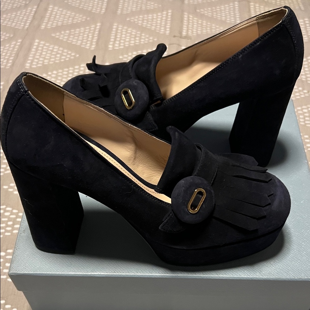 Prada Black Suede Platform Heels with Fringe - Picture 12 of 16